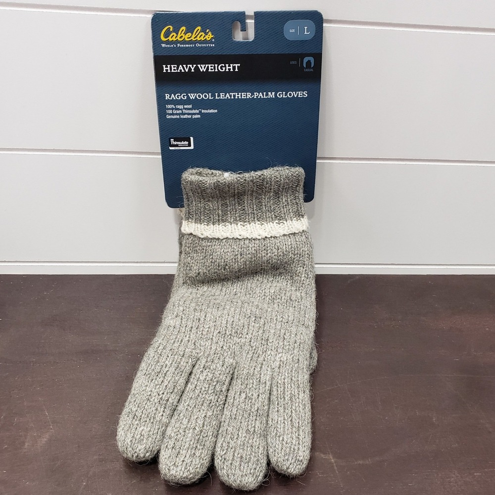 Cabelas Wool Gloves Mens L Gray Thinsulate Leather Palm Heavyweight 957201
